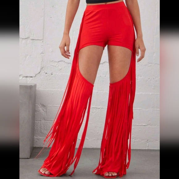 Festival Western Fringe Cut Out Solid Knit Pants, Festival Outfits For Women - Picture 2 of 4